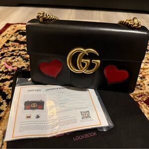 Gucci Black Leather Shoulder Bag with Red Heart Appliqués and Gold GG